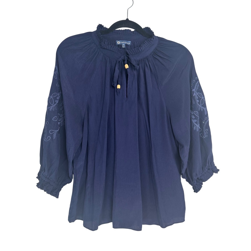 Democracy Womens Navy Blue Embroidered Eyelet Peasant Blouse Top M Peasant Boho